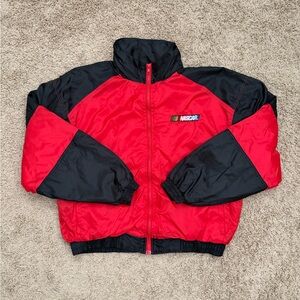 VTG NASCAR Racing Red Windbreaker Zip Up Boxy Fit Packable Hood Jacket Sz L